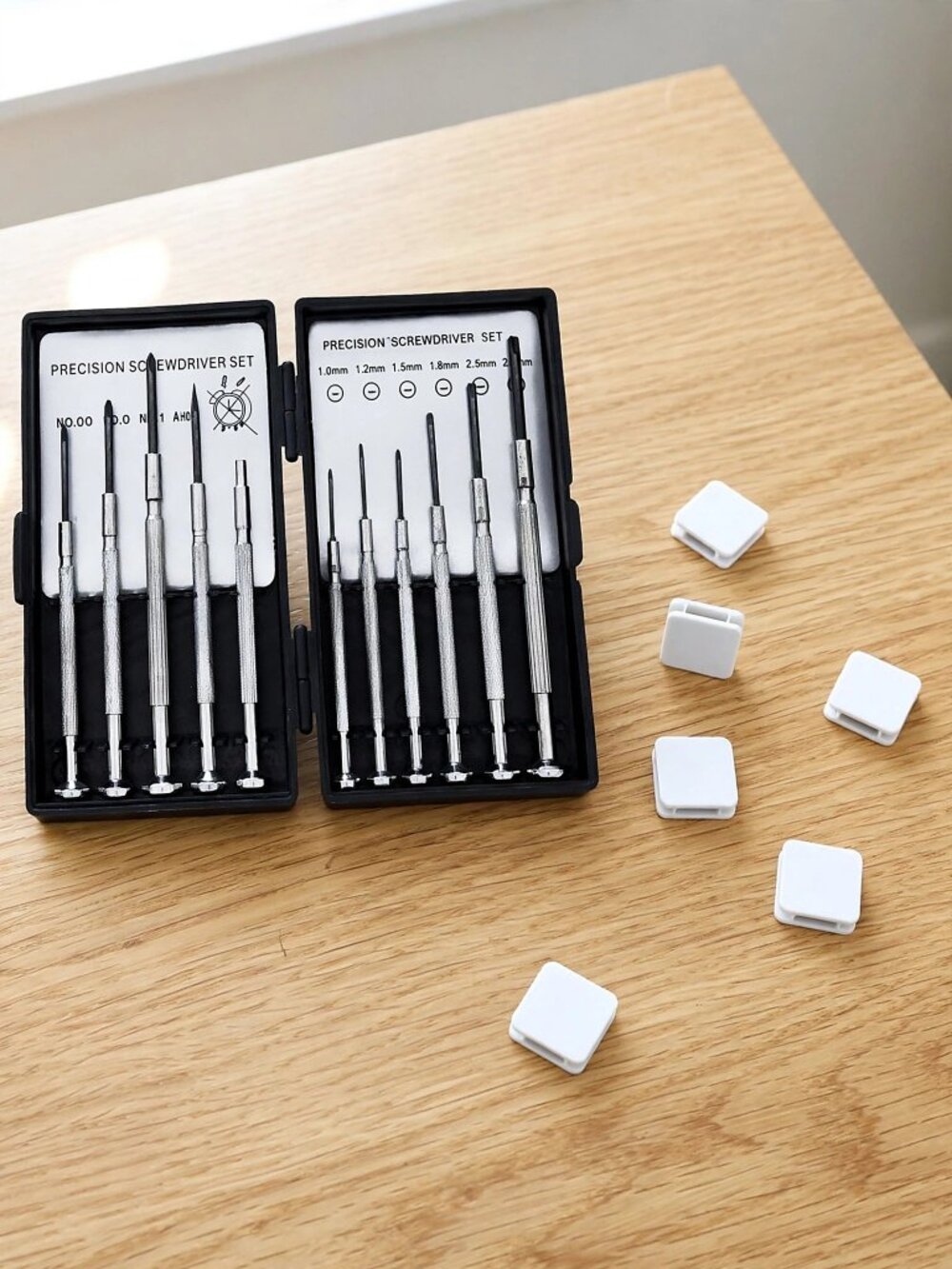 Tech Fix & Tidy Set 11 pc Precision Screwdriver Set + 6 White Magnetic Cable Cli